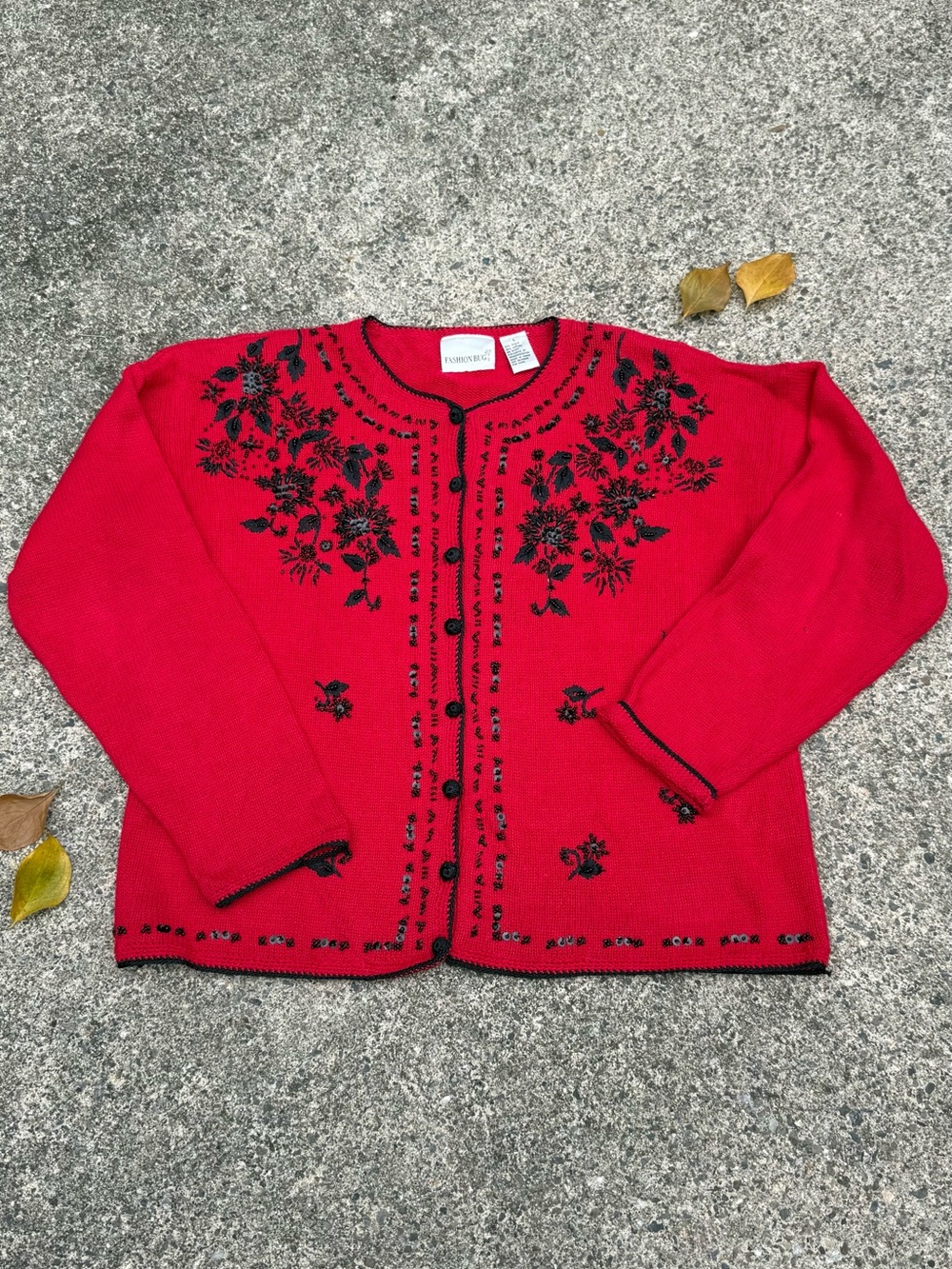 Vintage Fashion Bug Red Cardigan Black Floral Embroidery Beaded Size L